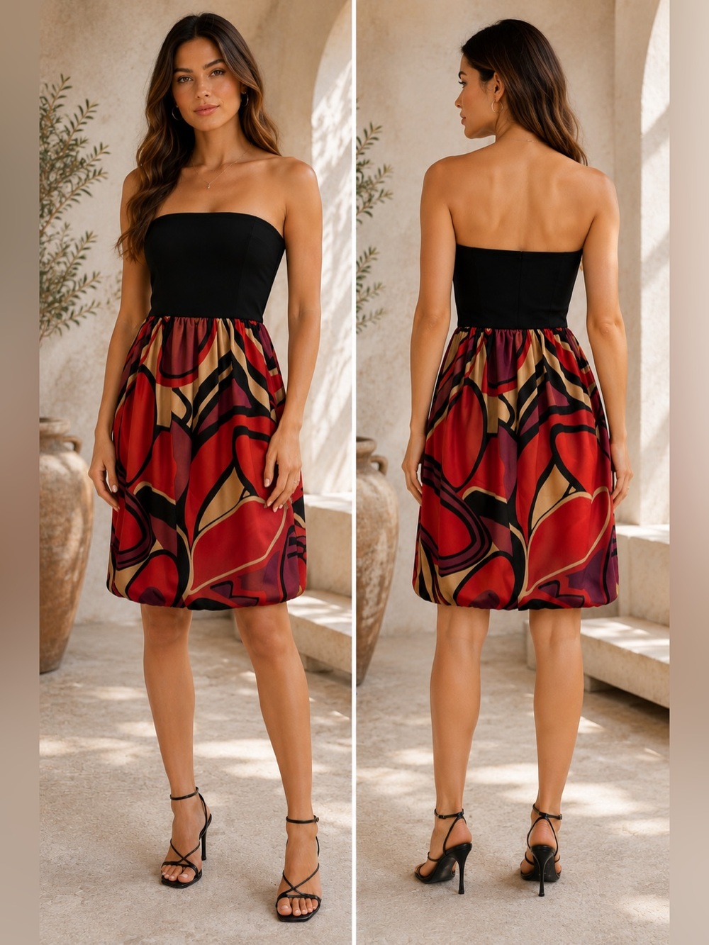 Lush Black Strapless Red Abstract Graphic Print Bubble Hem Mini Dress M
